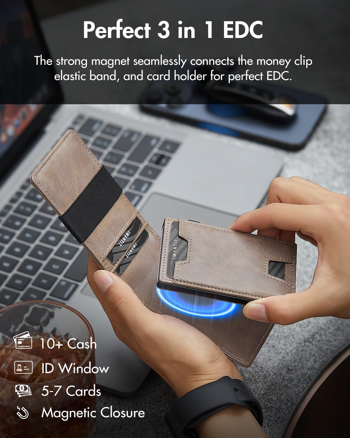 iwantit 3 in 1 MagSafe Wallet: Slim Bifold Money Clip - Smart Pop up Card Holder - Cash Strap, Mens Minimalist Magnetic Wallet, Apple Wallet for iPhone, ID Window, Premium Leather, RFID Blocking