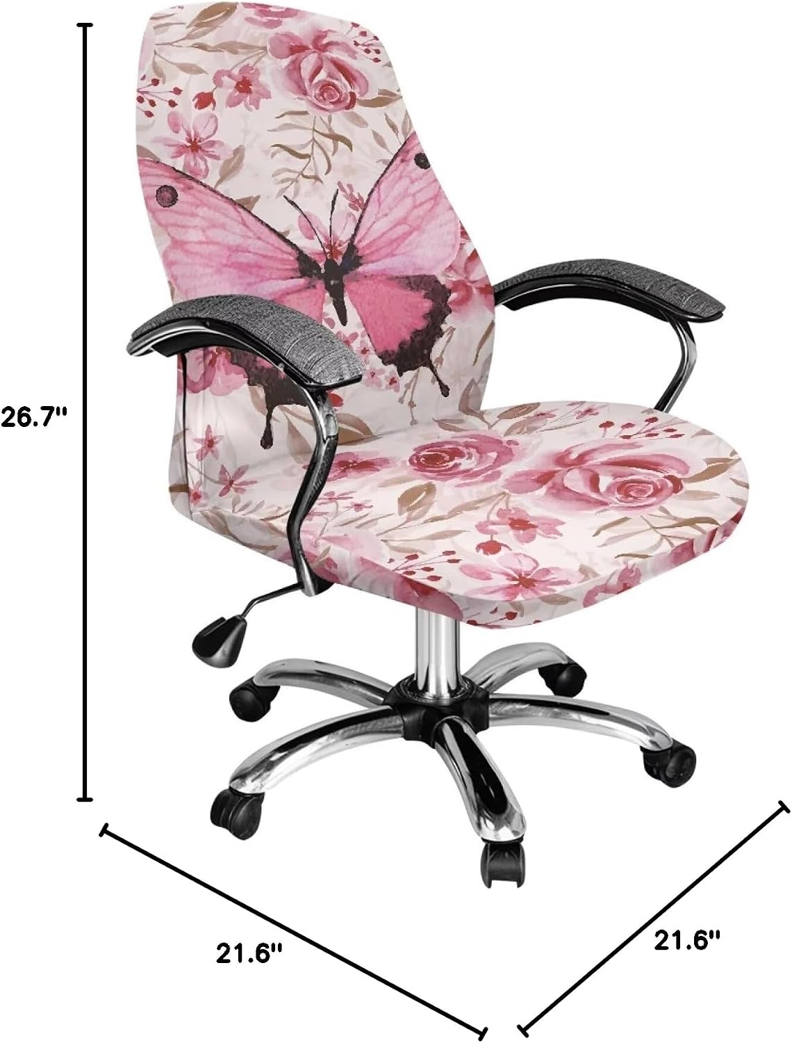 Butterfly Rose Print Computer Office Chair Cover, Waterproof Office Chair Cover Thick Desk Chair Cover Water Resistant High Back Chair Slipcover Non Slip Chair Seat Protector-S