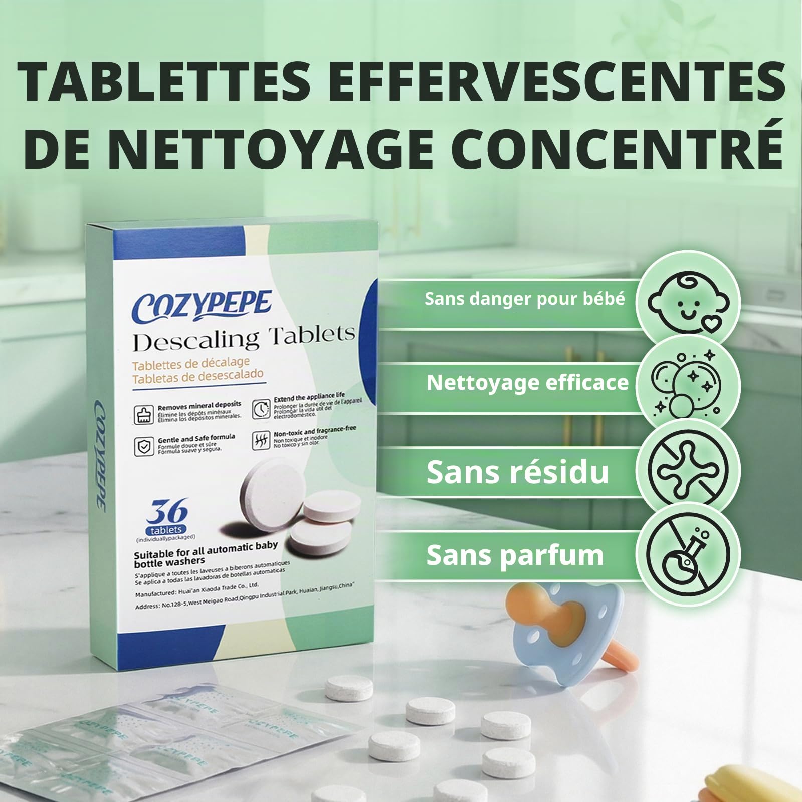Comprimés de Décalkage pour Lave-Biberons, 36 Pièces – Convient à la Plupart des Modèles de Lave-Biberons – Efficace contre les Dépôts de Lait & la Tartre, Fonctionne avec Laveur, Réchauffeur, Stérili