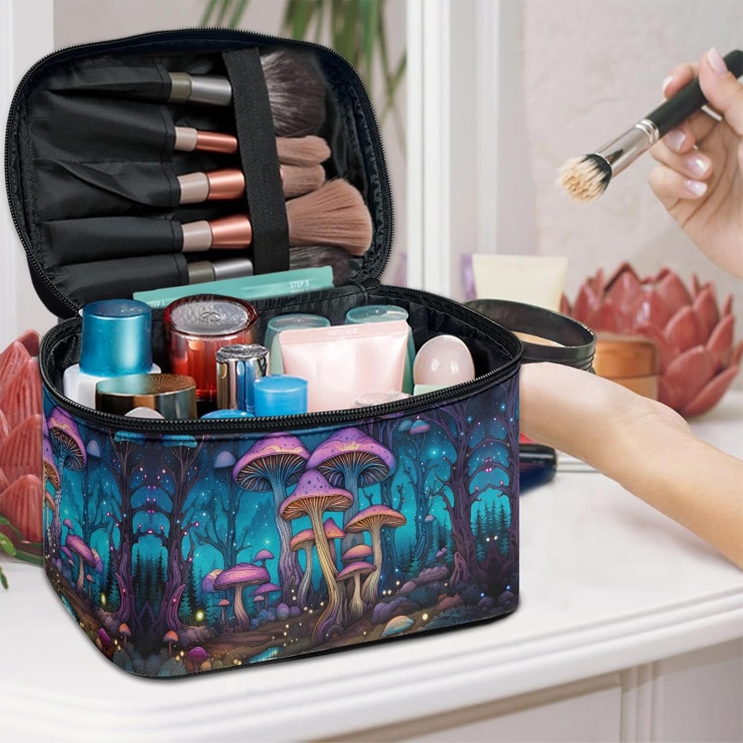Cute Mushroom Makeup Bag with Brush Organizer Skin Care Bags for Teen Girls Blue Cosmetic Tote Bag With Handle Travel Size Bags for Toiletries Women Travel Essentials Nice Birthday Gifts