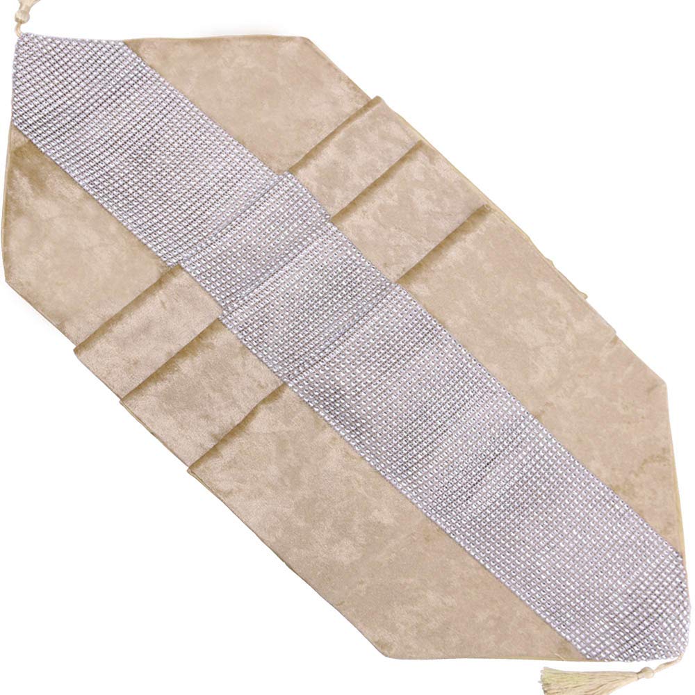 Time to Sparkle Set of 1 Velvet Table Runner + 4 Placemat Table Mats Thick Velvet Satin Tasseled Xmas (Velvet-champagne - Image 4