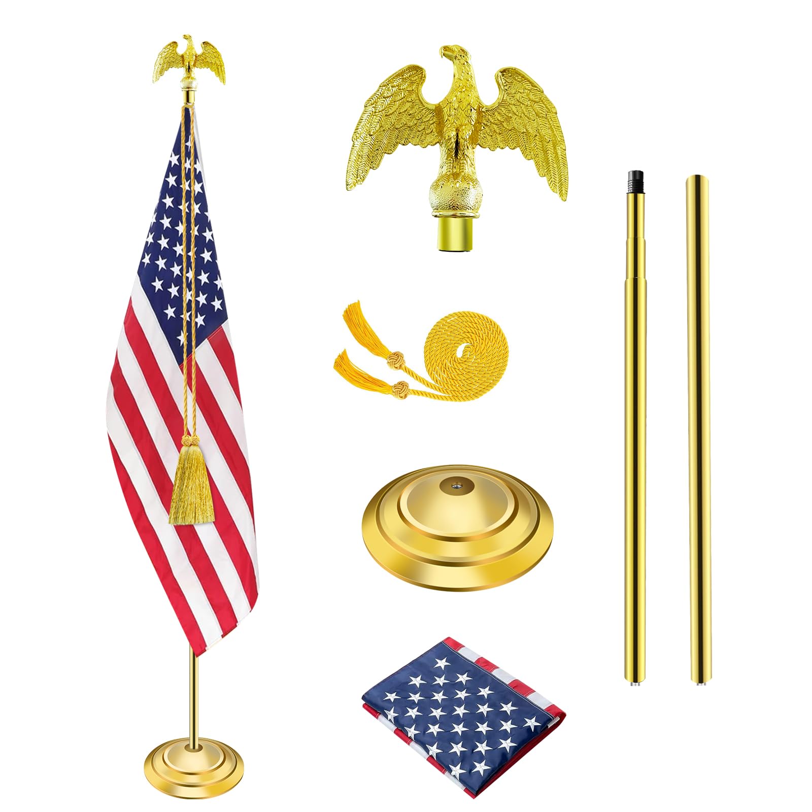 SENZHIYI Indoor Flag Pole Kit with Golden Eagle Topper - 6-8ft Stainless Steel Commercial Indoor Flagpole with Embroidered US Flag, Heavy Base for Home Office Government Department?Golden 1 Pack