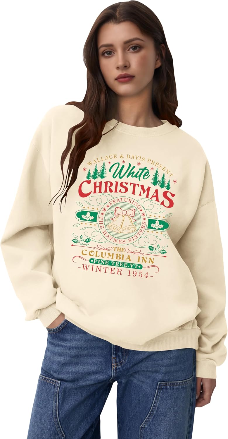 LAZYCHILD White Christmas Sweatshirt for Women: Christmas Movie 1954 Shirts Xmas Tree Holiday Long Sleeves Pullover