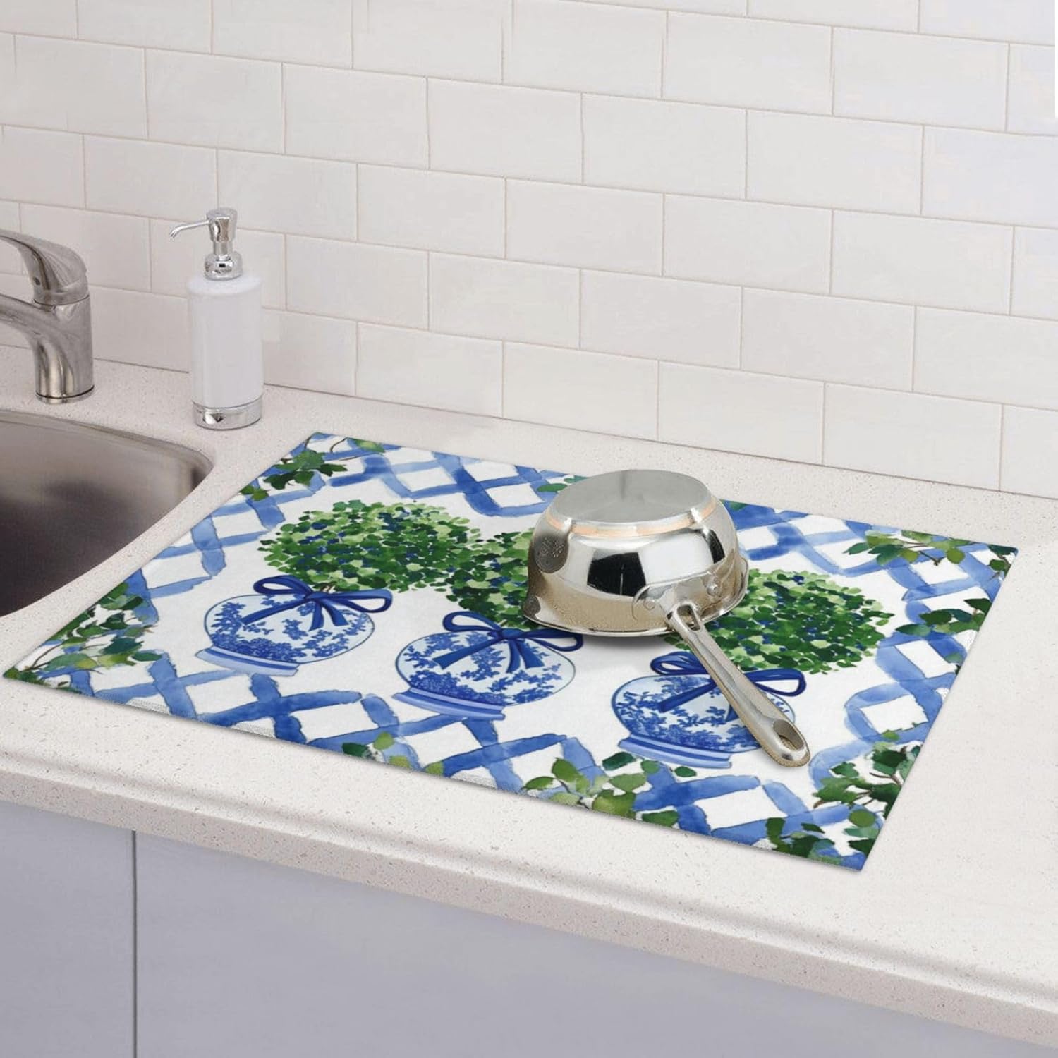 Topiary Chinoiserie Ginger Jar Dish Drying Mat For Kitchen Counter Microfiber Absorbent Dish Draining Reusable Washable Extra Large 18"X24"