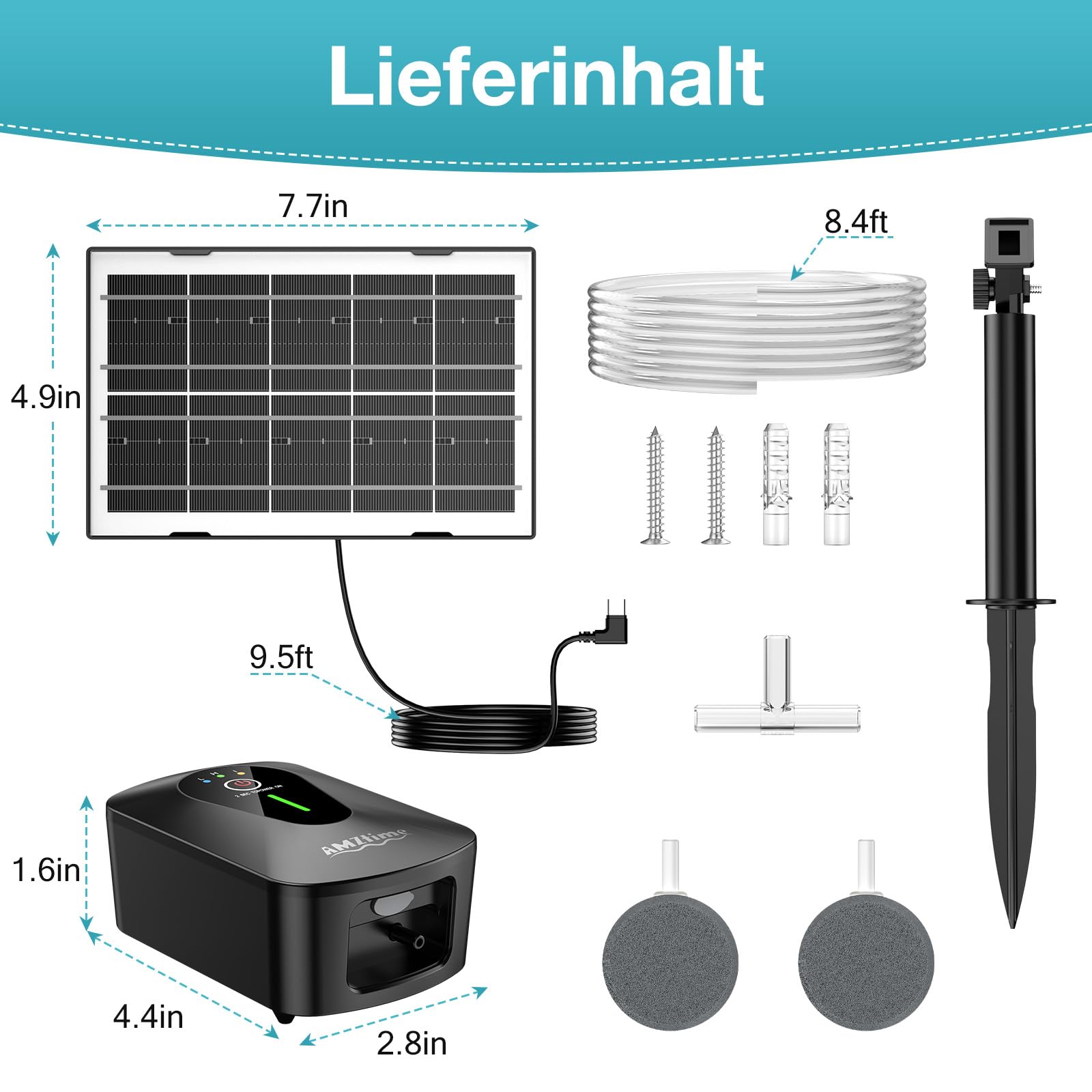 AMZtime Solar Sauerstoffpumpe für Gartenteich, 4.5 W Solar Teichbelüfter, Sauerstoffpumpe Oxygenator mit 2200 mAh Akku, Sauerstoff Luftpumpe 3 Modi 2 Luftsteine für Teich, Gartenteiche, Aquarium