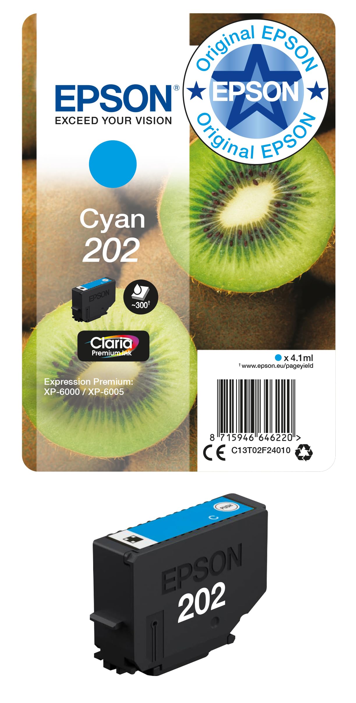 Epson Original 202 Tinte Kiwi (XP-6000, XP-6005, XP-6100, XP-6105), cyan