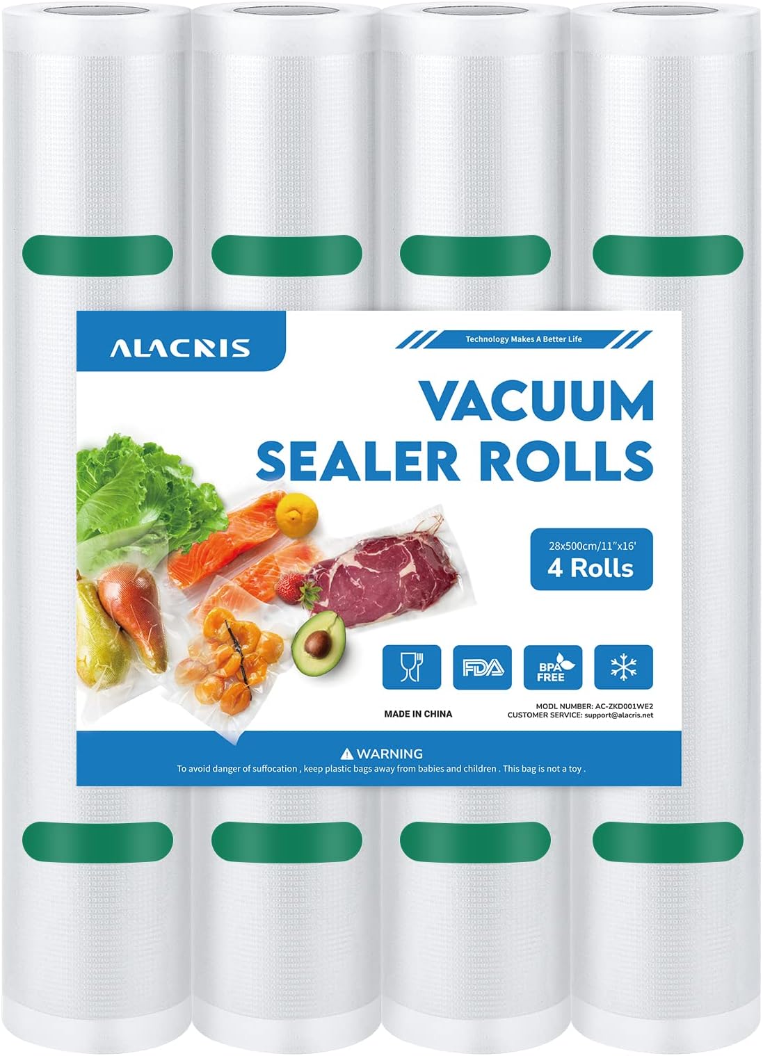 ALACRIS Vacuum Sealer Bags 11"x16' Rolls 4 pack for Food Saver, Seal a Meal, BPA Free, Heavy Duty, Great for vacuum storage, Meal Prep or Sous Vide