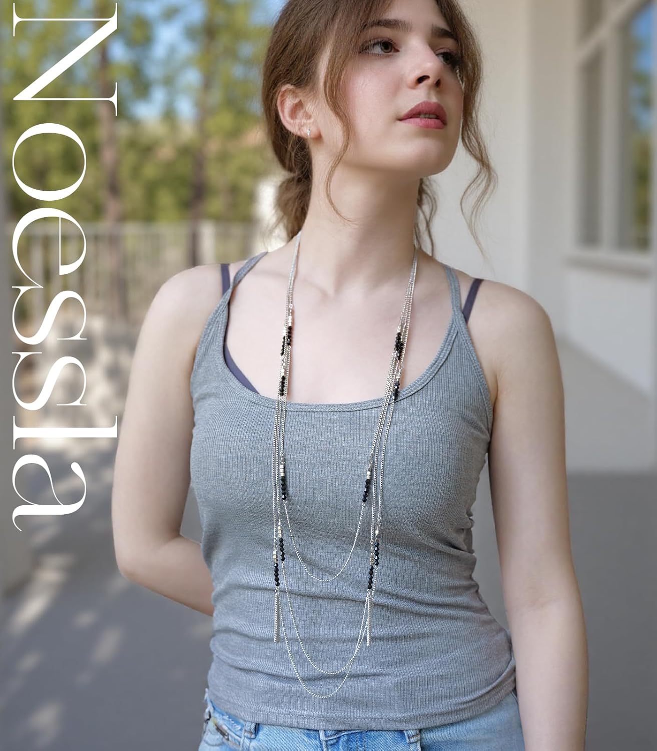 Noessla Layered Long Necklaces for Women Silver Black Beaded Necklace Vintage Flower Costume Jewelry Birthday Gifts for Women - Image 6