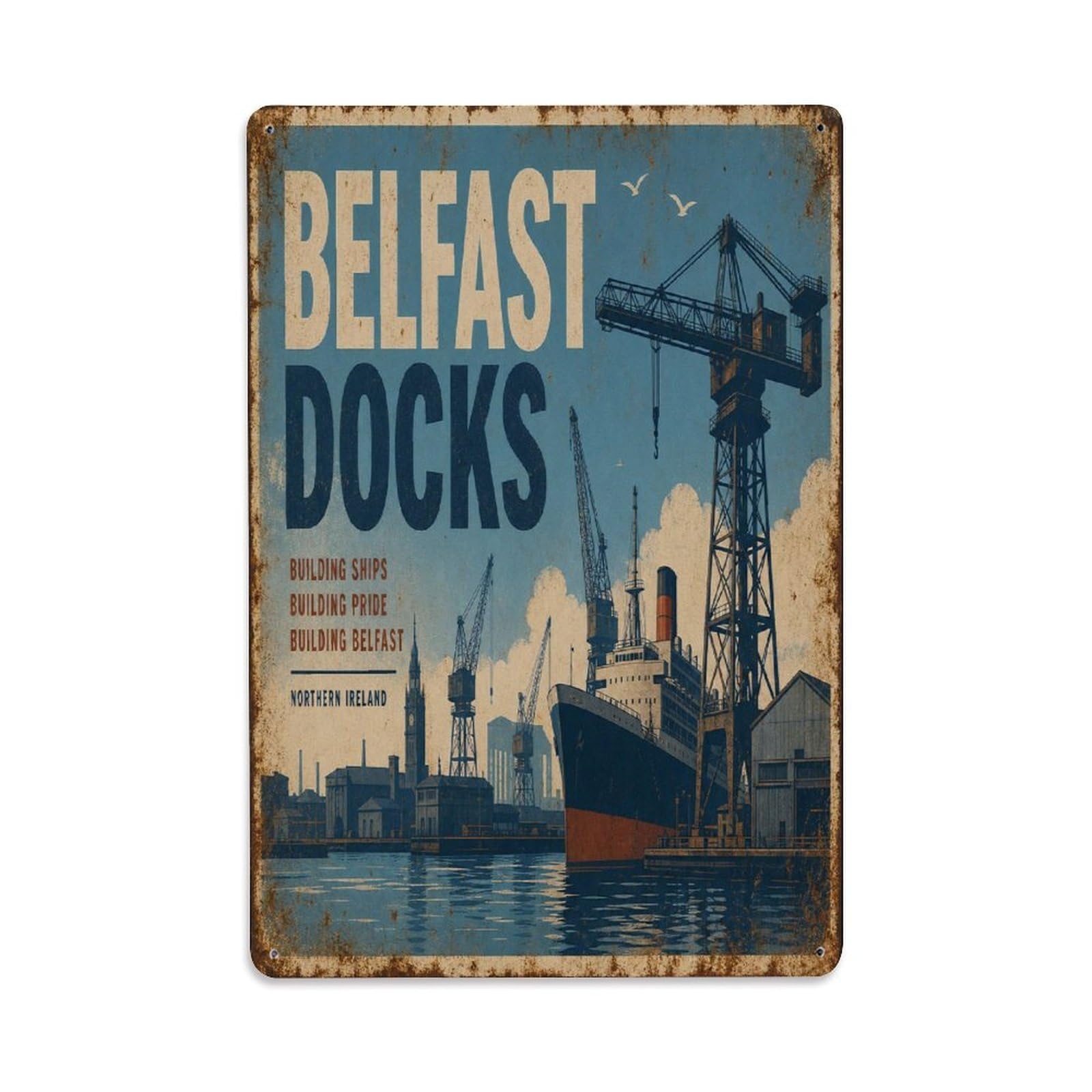 Belfast Harbor Docks Vintage Maritime Heritage Metal Tin Sign Plaque Wall Decor for Cafe, Man Cave, Club Bar, Office, Home Garden Round Metal Poster 8x12Inch