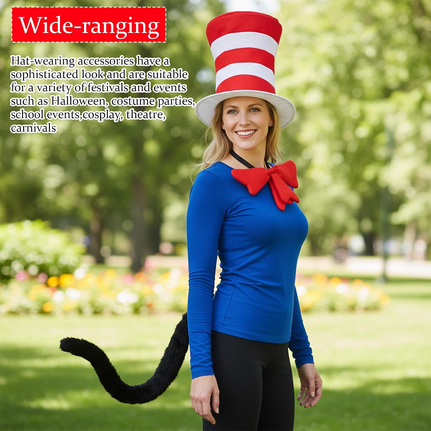 Red and White Striped Top Cat Hat, Tall Hat for Adults, Top Hats Cat Costume Kit Accessory for Adults, Halloween Costume Party Dress Up with Gloves and Bow Tie