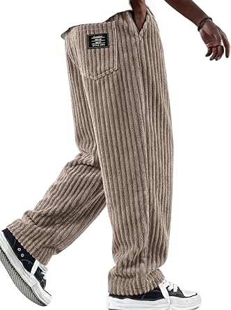 Mens Wide Leg Pants Fall Winter Corduroy Drawstring Elastic Waist Baggy Straight Sweatpants Loose Casual Joggers