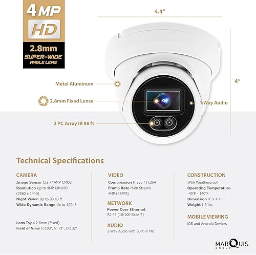 Miniatura 5 de Cámara domo de torreta IP Marquis de 4 MP PoE con micrófonoaudio, cámara de seguridad IP para exteriores, resistente al agua IP66, lente gran