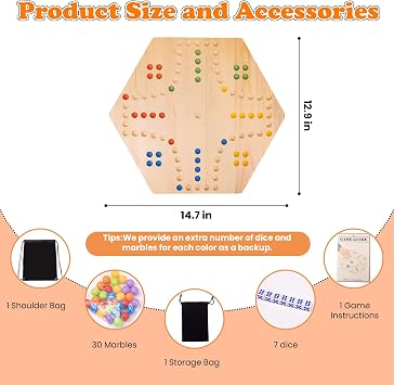 WodGod Marble Board Game,Set:1 Board+30 Marbles+7 Dice+1 Storage Bag+1 Shoulder Bag,6 Colors,Fast Track Wahoo Board Game,2 in 1 Board for 4-6 Players,Portable,Perfect for Family Party