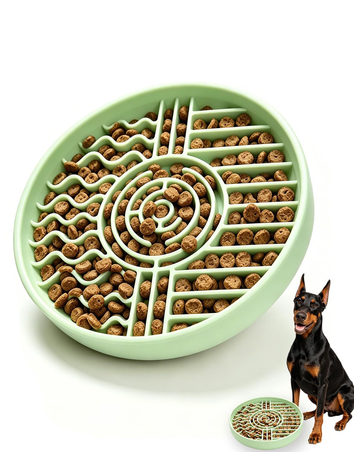 Slow Feeder Dog & Cat Bowl, Anti-Choking Silicone Food Bowl with Non-Slip Suction Cup Base, Dishwasher Safe, Slow Eating Design Reduces Bloat Anxiety, Ideal for Large to Small Dogs & Cats (Green)
