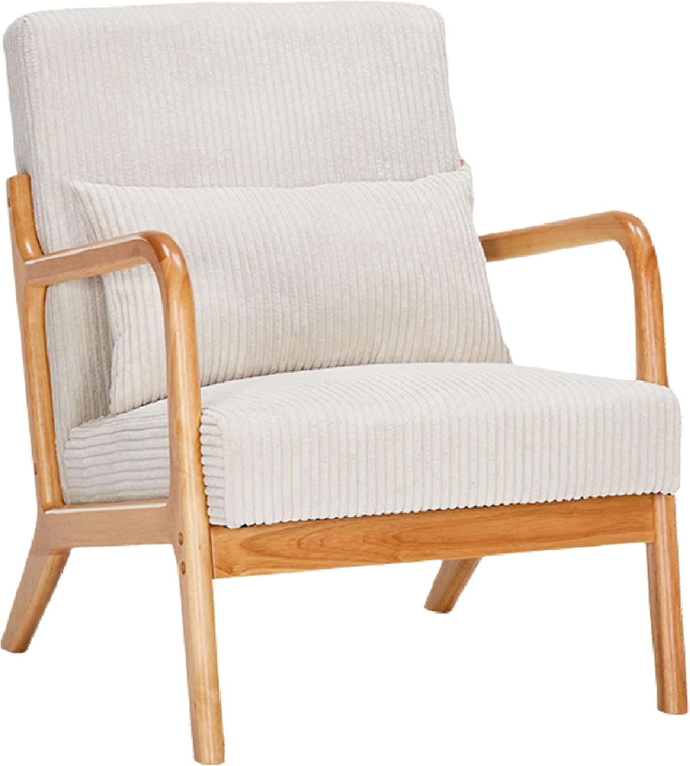 Mid Century Modern Accent Chair, Upholstered Corduroy Armchair with Lumbar Pillow, Solid Rubberwood Frame for Living Room, Bedroom, Waiting Room, Beige
