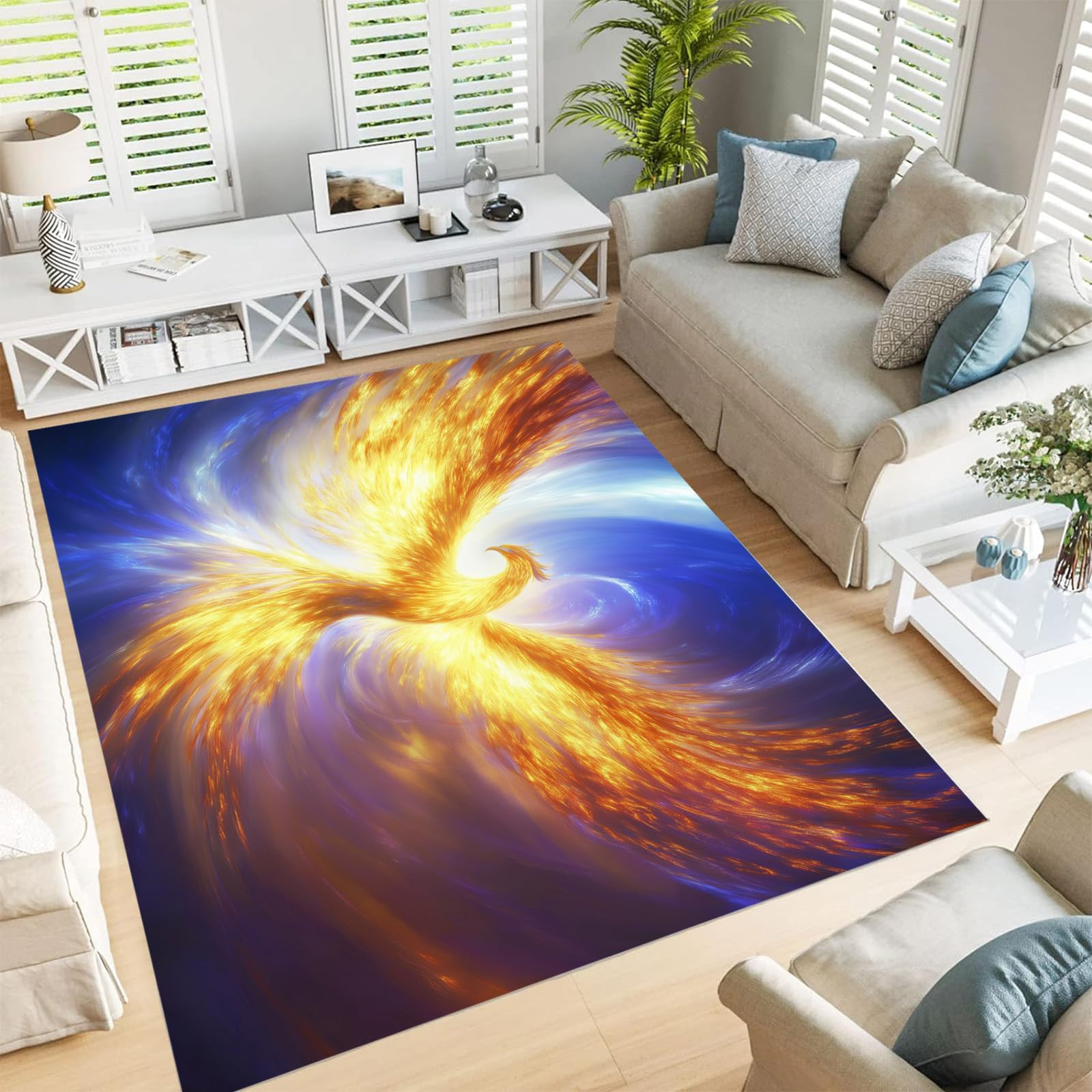 Tapis jaune vortex cosmique au motif Phénix Doré 150x210cm antidérapant salon