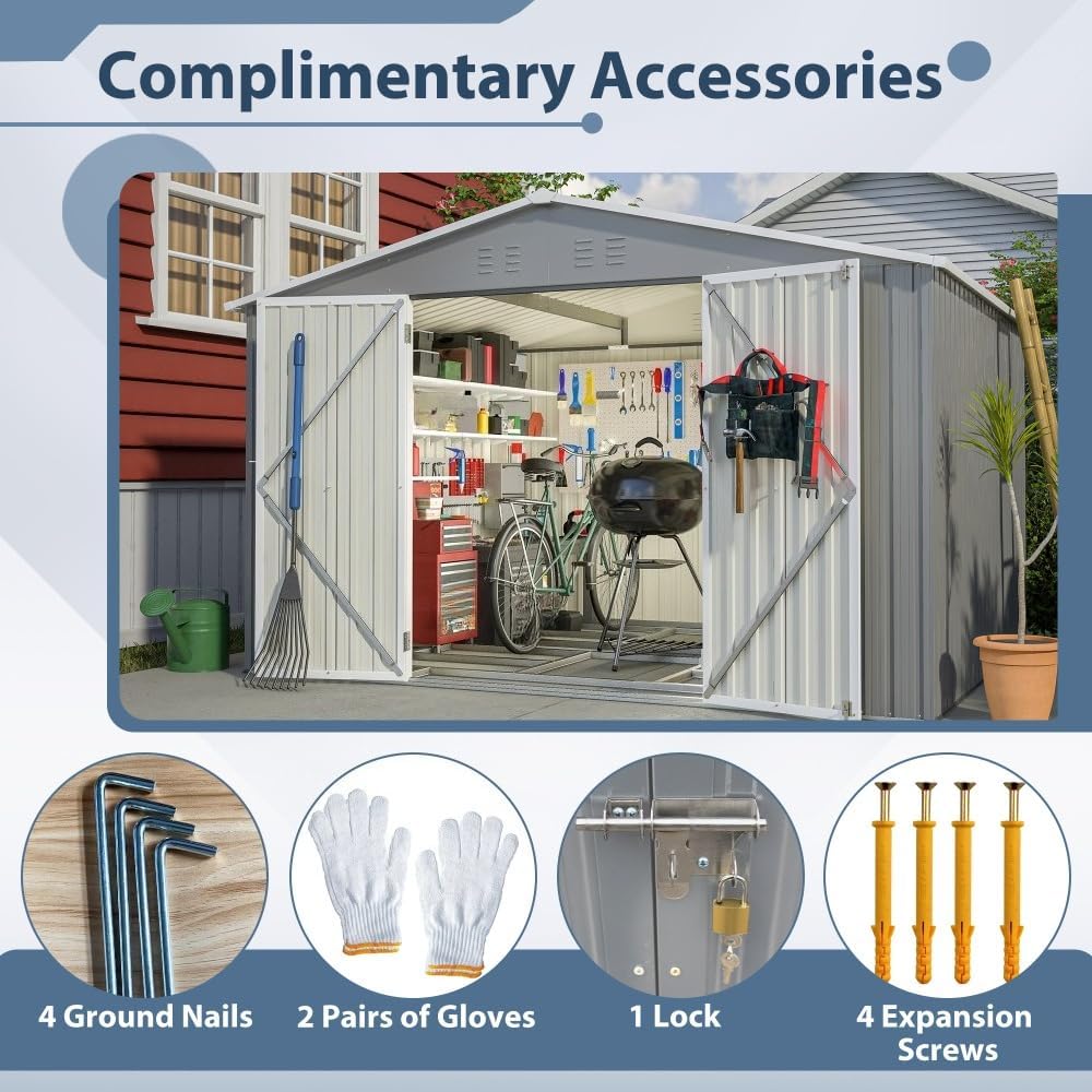 Metal Tool Storage Shed with Reinforced Foundation and Lockable Doors for Outdoor Garden or Backyard Use