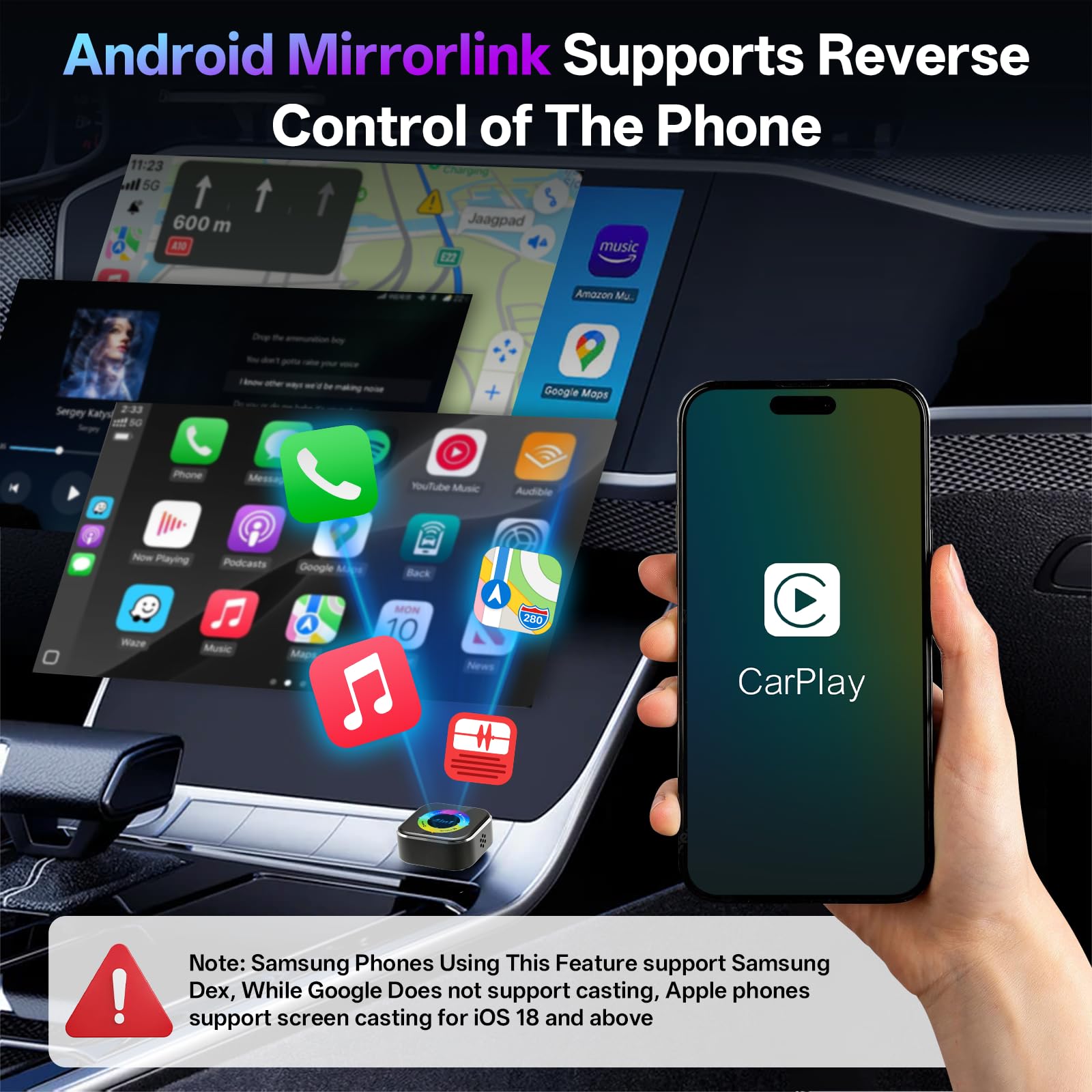 Adattatore Wireless CarPlay 4 in 1 – Cavo a Senza Fili per CarPlay & Android Auto con Mirror Link & AirPlay, Modulo CarPlay Wireless Plug & Play per Phone & Android, Auto dal 2016