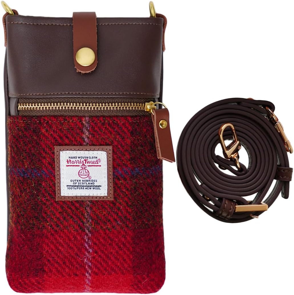 Harris Tweed Handmade Crossbody Cell Phone Bag for Women Small Shoulder Purse with Microfiber Leather Wool Fabric
