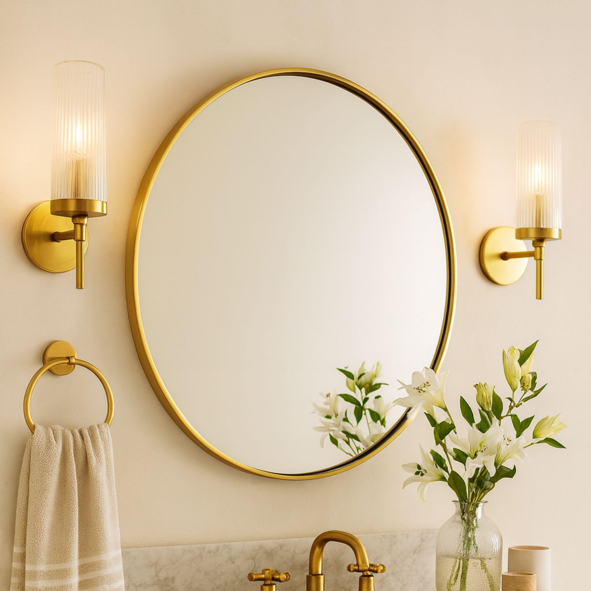TEHOME Round Gold 30 inch, Brushed Brass Gold Wall Mirror for Bathroom Vanity,Bedroom &amp; Entryway