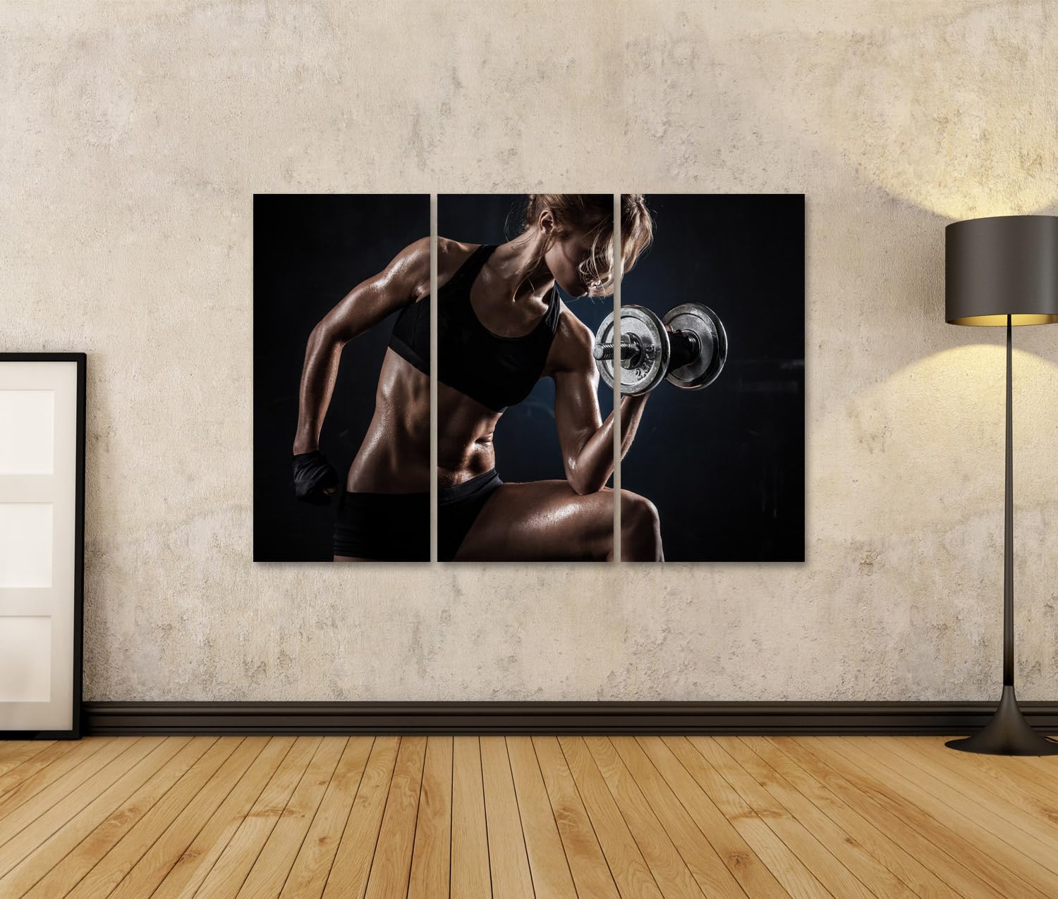 islandburner Tableau sur toile pour entraînement de force femme haltère fitness studio sport photographie images tableaux muraux 130 x 80 cm