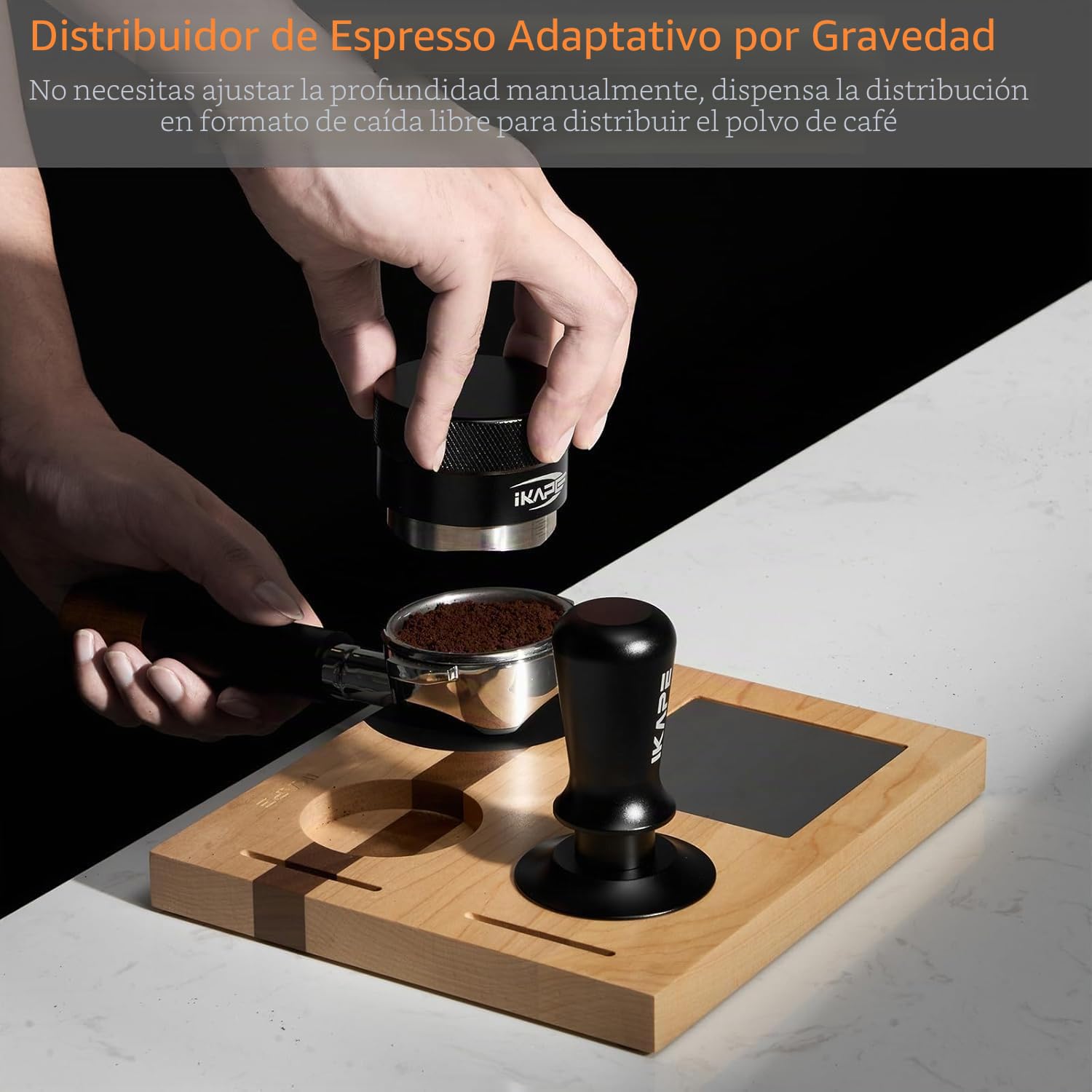 IKAPE Coffee Products, Distribuidor de café de 51 mm, distribuidor de espresso adaptable a la gravedad que se adapta a todos los portafiltros de espresso de 51 mm, compatible con portafiltro sin fondo