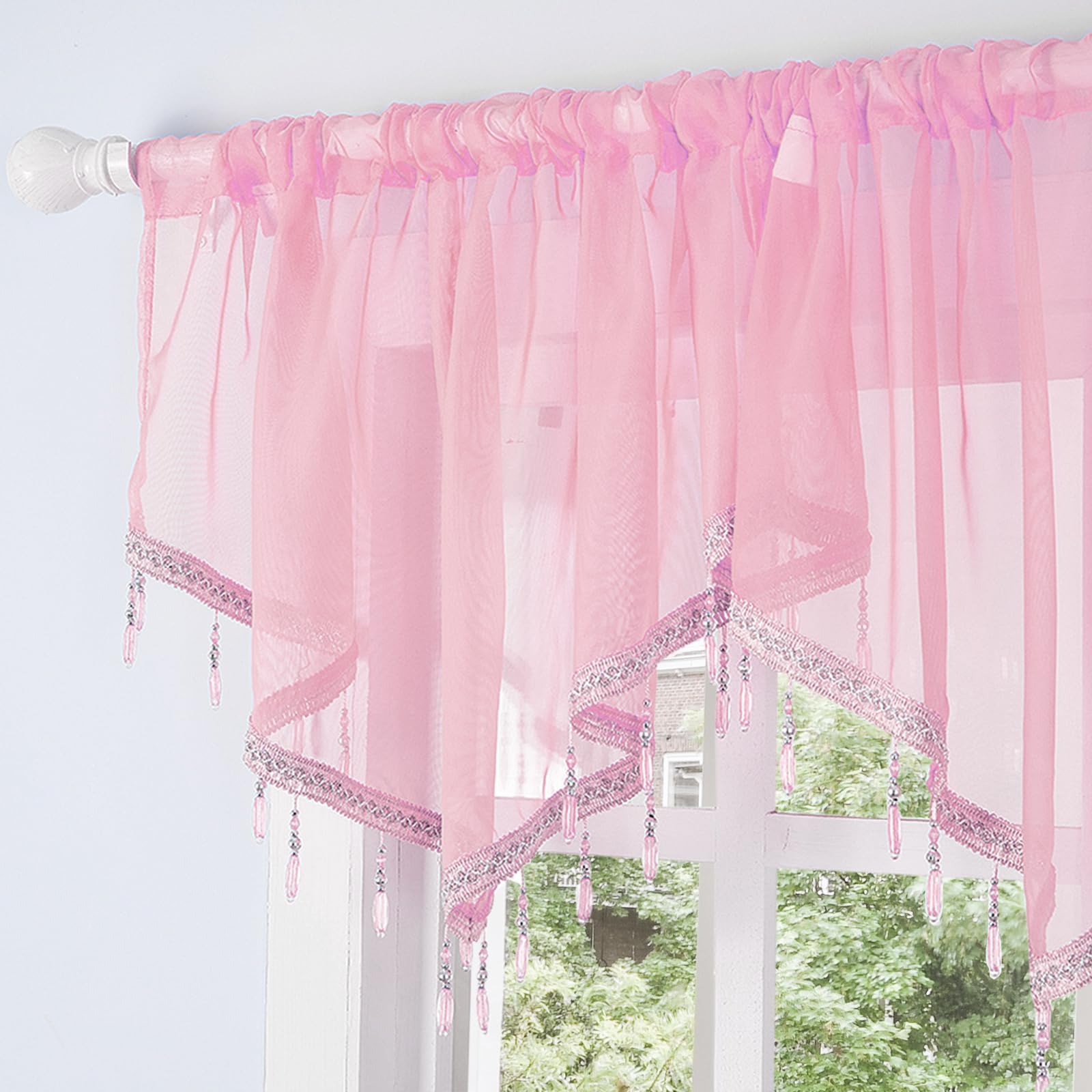 Molaxhome Swag Curtain Scalloped Curtain Valance Drape Sheer Lace Panel 1pc, Pink, W 51.2" x L 23.6" (1 Panels) - Image 2