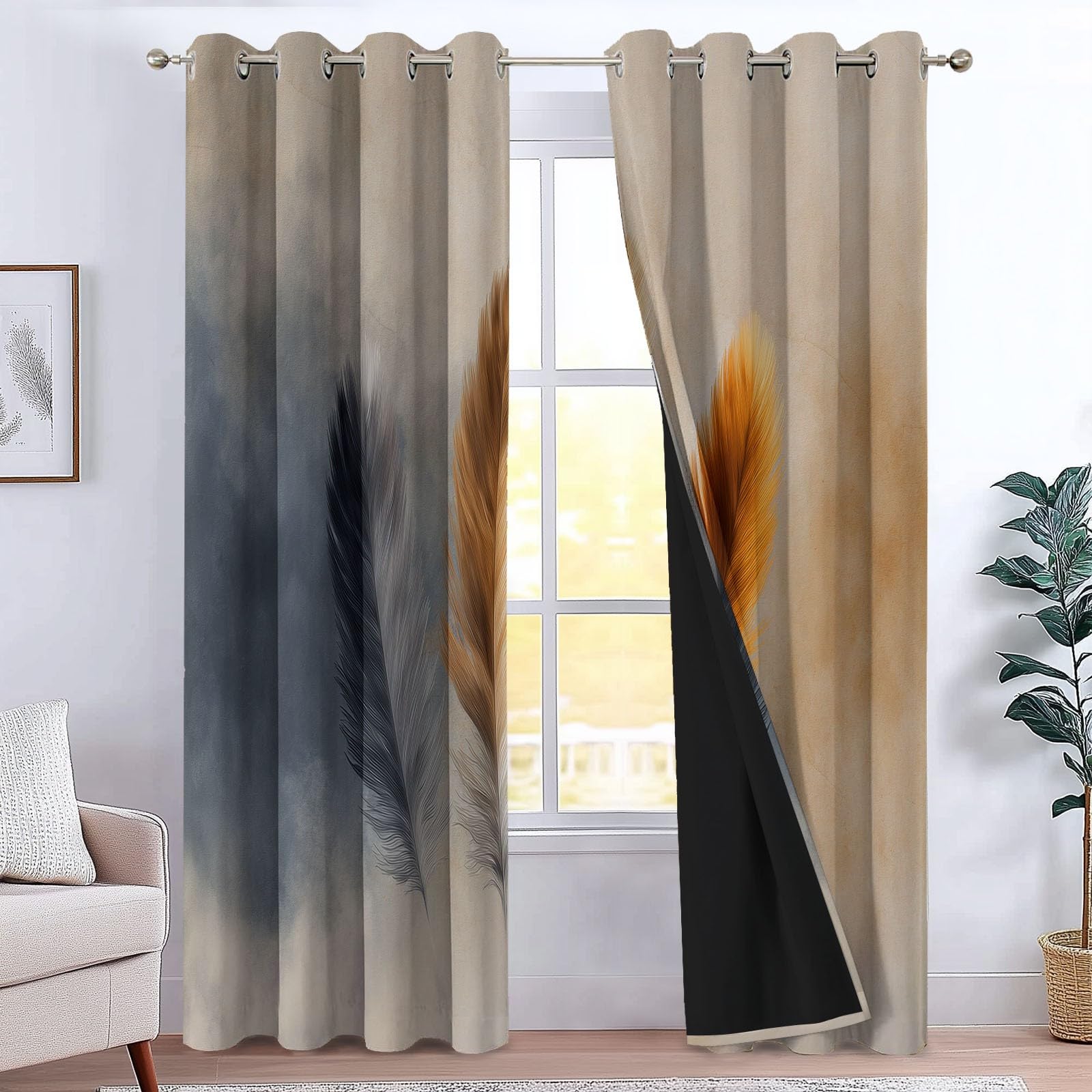 Tende oscuranti con texture di piume bohémien, 228 cm, multicolore con isolamento termico, con occhielli, per camera da letto e soggiorno, 2 pannelli, totale 234 x 229 cm (larghezza x