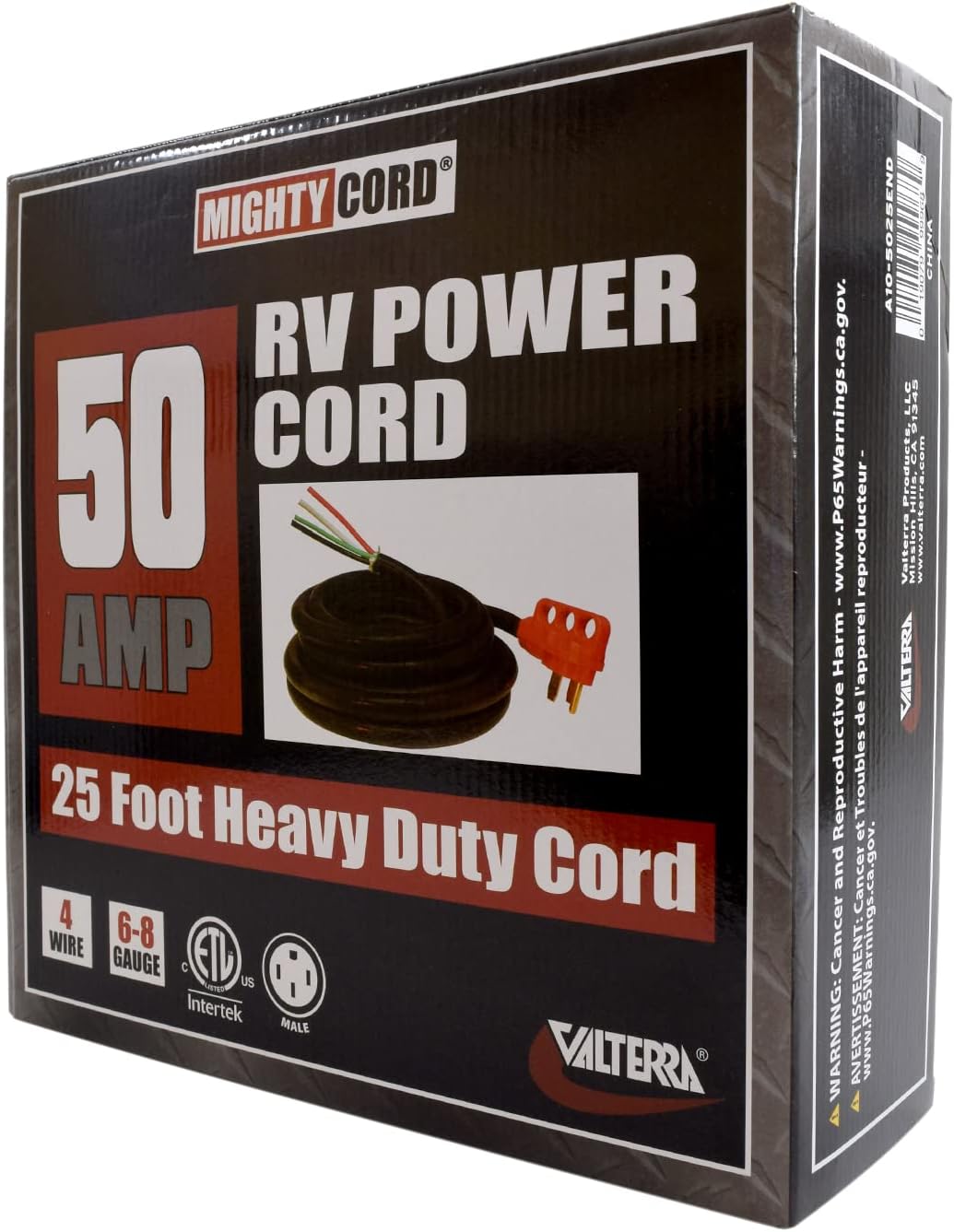 Valterra A10-5025END Mighty Cord 50 Amp Non-Detachable Power Cord w/Handle - 25', Red