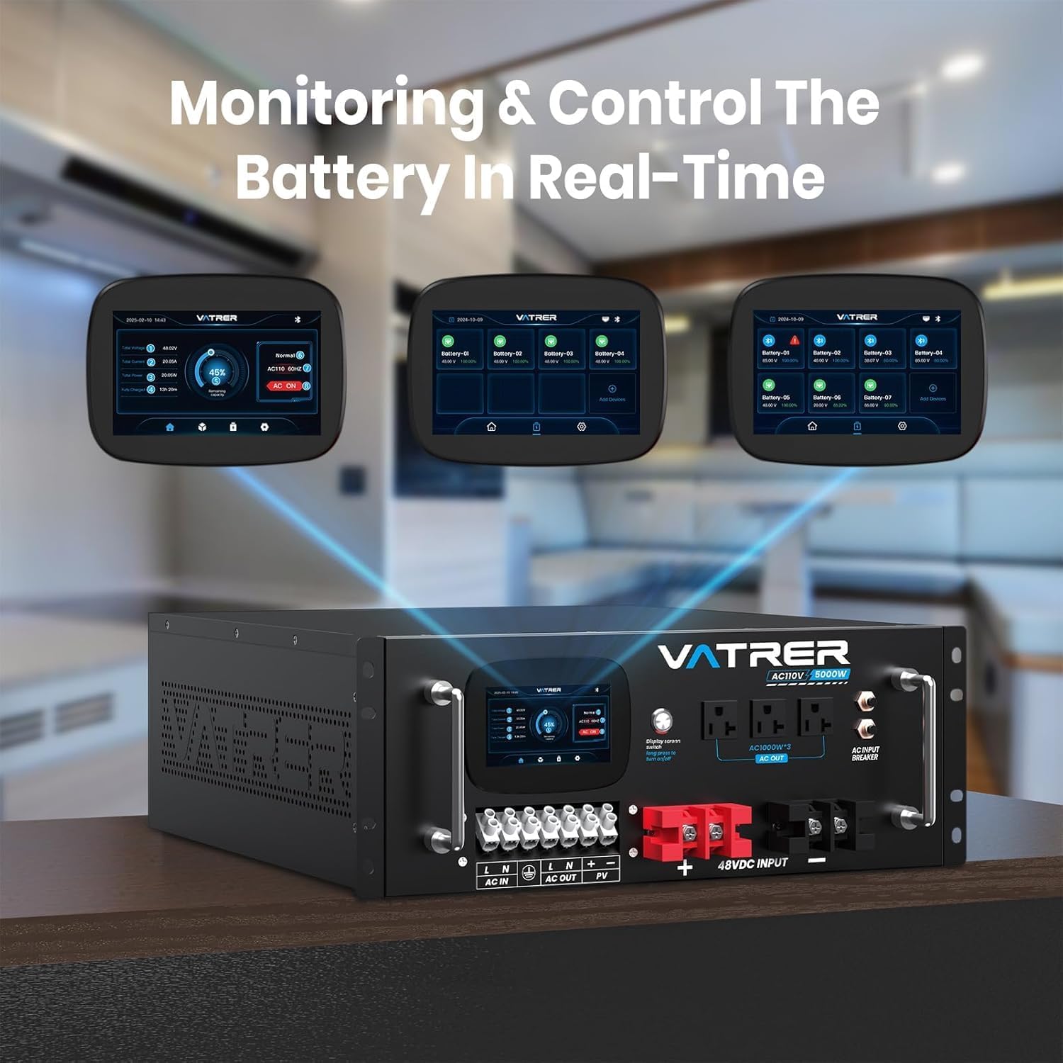 51.2V 100AH Lithium LiFePO4 Battery (3 Pack), 5000W Inverter, Built-in 100A BMS, with Touchable Display & APP, Max. 5.12KW Power Output, Free Server Rack Included, Perfect for Solar System & Off-Grid