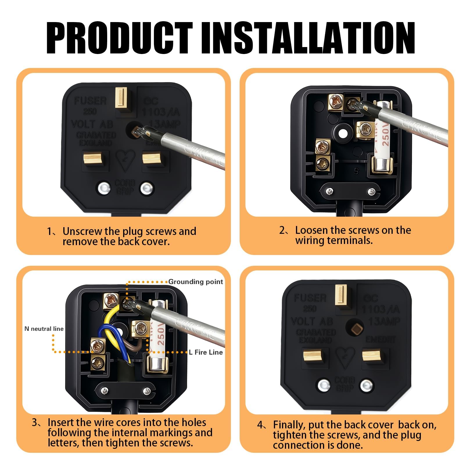 2 Pack Heavy-Duty 3 Pin Plug UK 13A Fused Mains Plugs Durable Rubber Plug for Home Rewireable Heat-Resistant Power Tools Appliances Extension Leads Industrial Workshop Use — view 4