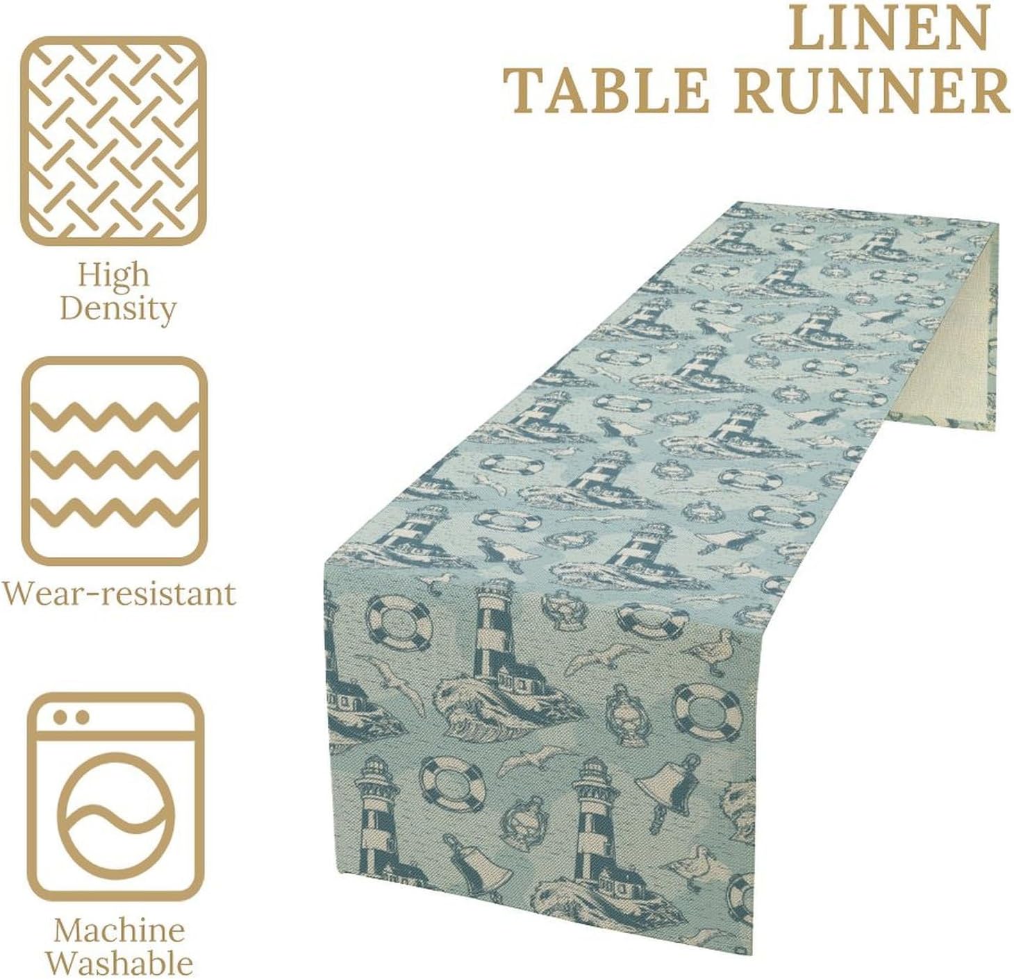 Vintage Navigation Table Runner,Blue Tone Hand Drawn Sailboat Lighthouse Anchor Pattern Table Runner for Coffee Table Dining Room Table Bedroom Party Holiday Decor 13x90inch
