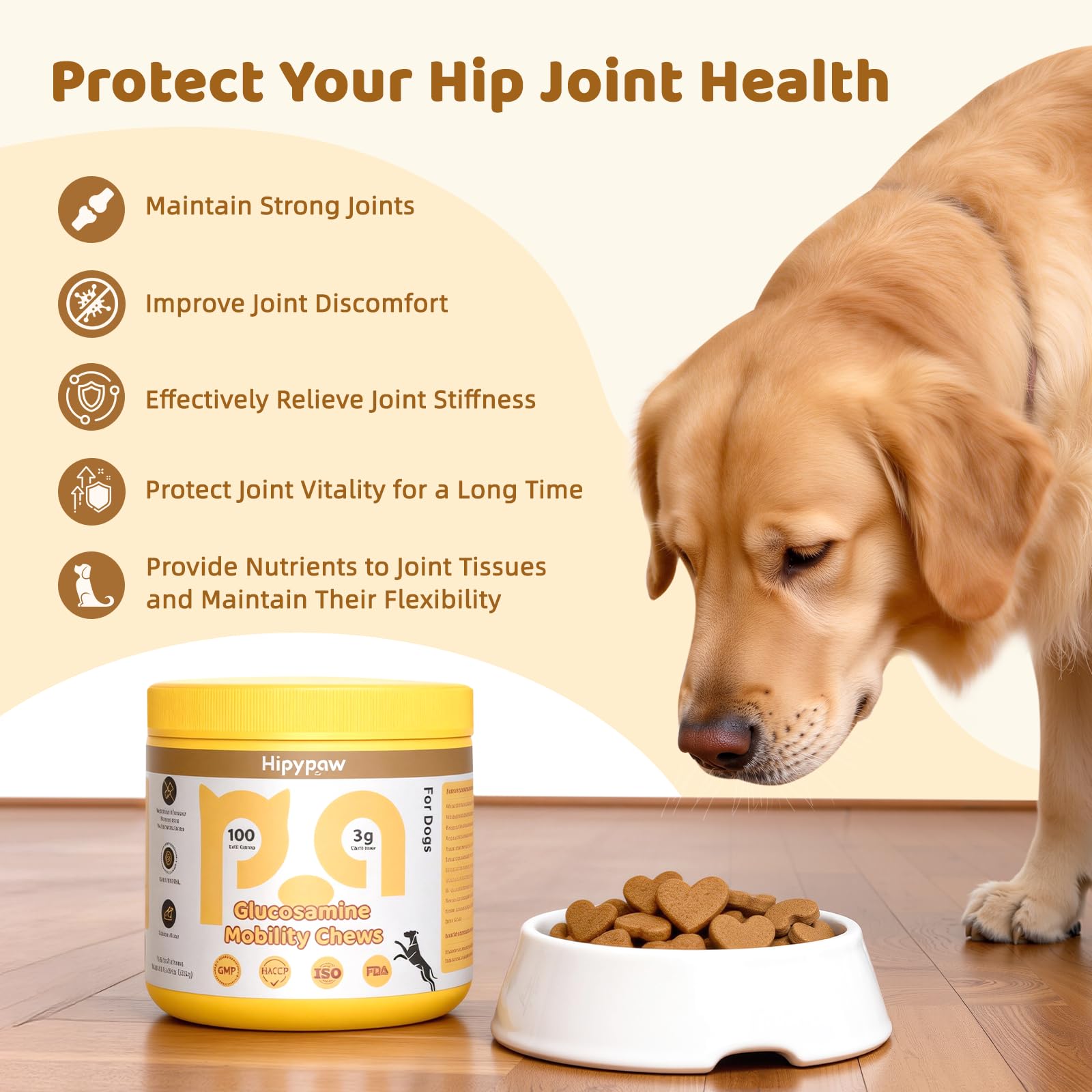 HipyPaw Hip & Joint Supplement for Dogs: Dog Chondroitin Chewable Tablets for Hips and Joints with Glucosamine, MSM, and Green-Lipped Mussels - Joint Pain Relieves Mobility - Chicken Flavor (100 PCs) - image 2