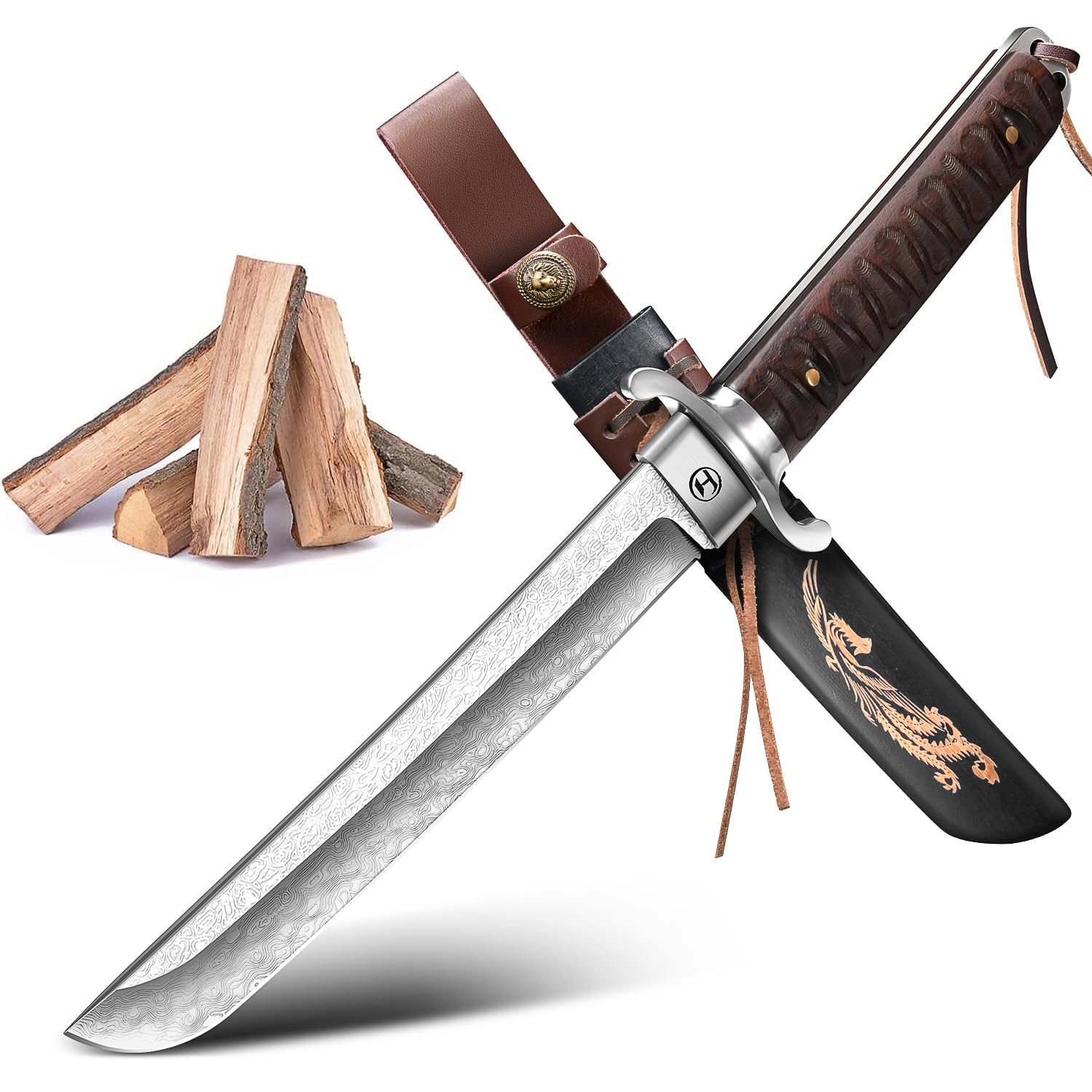 XTL Jagdmesser Outdoormesser, Japanisches Damast Tantomesser mit Scheide, Full Tang Tanto Survivalmesser, Outdoor Camping Buschmesser, Geschenk für Männer