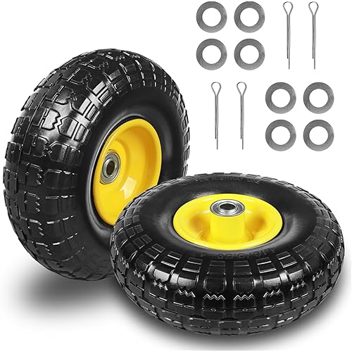 10 Inch Soild Rubber Dolly Tire Wheels, 4.10/3.50-4" Tire and Wheel Flat Free for Garden Carts, 5/8" Bearings,2.1" Offset Hub for Hand Truck, Gorilla Cart, Wheelbarrow Metal (2 Packs)