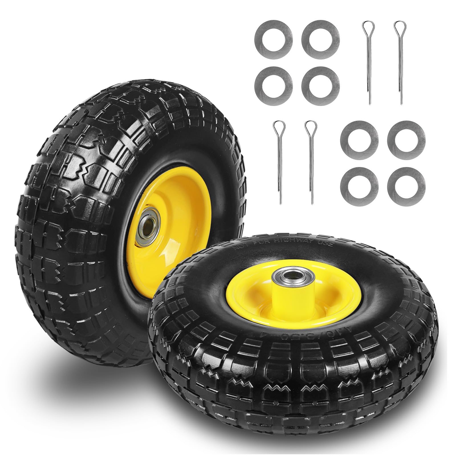 10 Inch Soild Rubber Dolly Tire Wheels, 4.10/3.50-4" Tire and Wheel Flat Free for Garden Carts, 5/8" Bearings,2.1" Offset Hub for Hand Truck, Gorilla Cart, Wheelbarrow Metal (2 Packs)