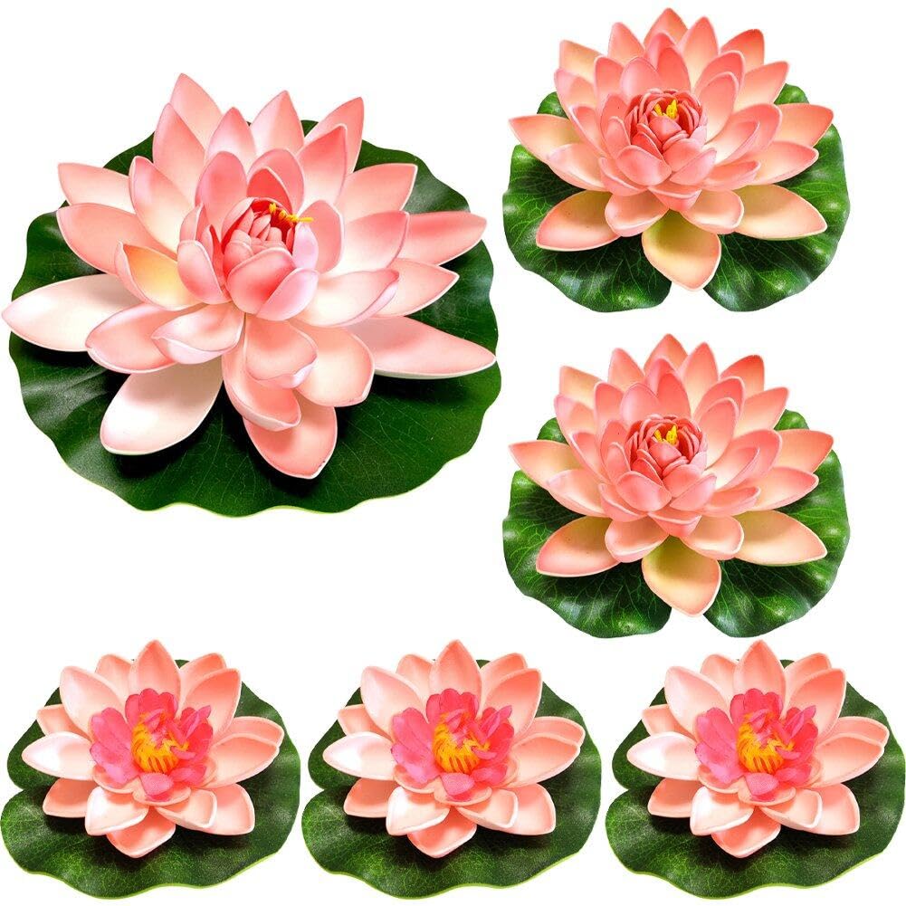 Fituenly 6 Pcs Floating Flowers for Ponds, Artificial Foam Lotus Flowers Fake Floating Pond Plants Realistic Water Lily Pads Ornaments for Garden Pond Aquarium Fish Tank Decoration, 10,17,28cm