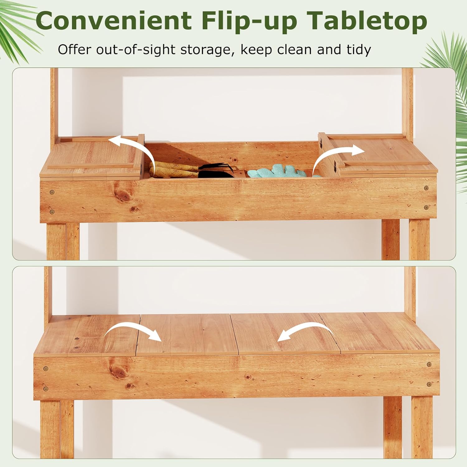 Giantex Potting Bench, Outside Solid Wood Potting Table with Flip-up Tabletop, Shelves, Indoor Outdoor Wooden Workbench for Patio Porch Balcony, Potted Plant Display Rack, 42"x18"x60", Brown