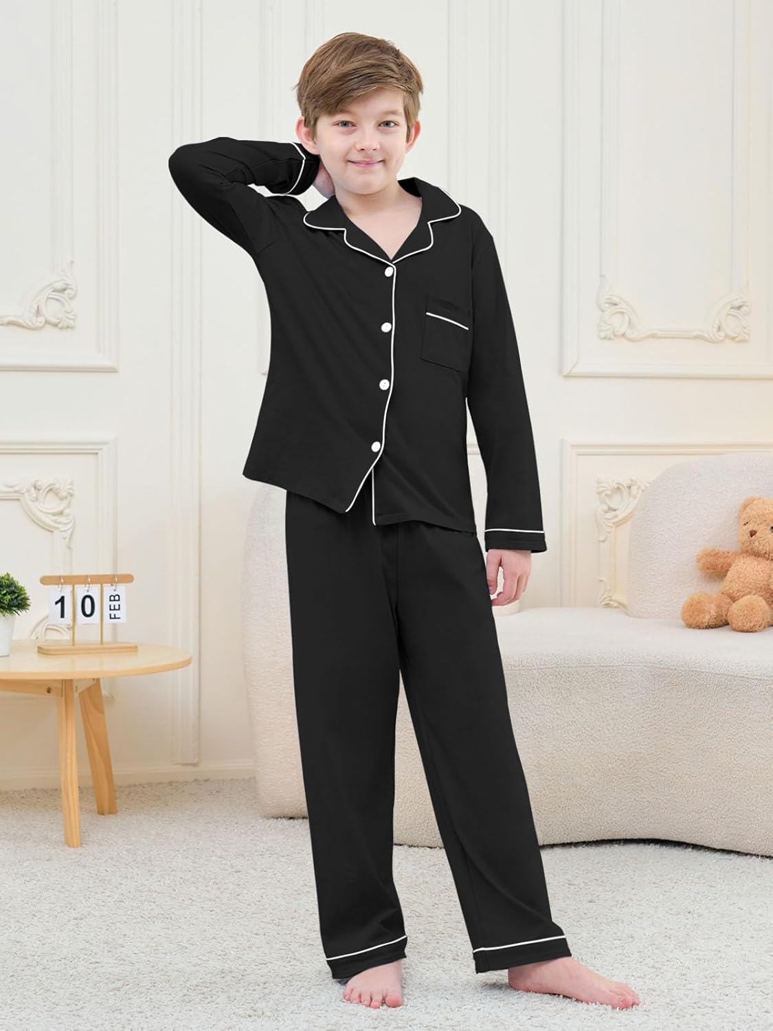 QZH.DUAO Boys Pajamas Set Kids Soft Long Sleeve Top and Pants Sleepwear 2 Pcs Button-Up Comfy Pjs Set for Ages 4-14 - Image 4