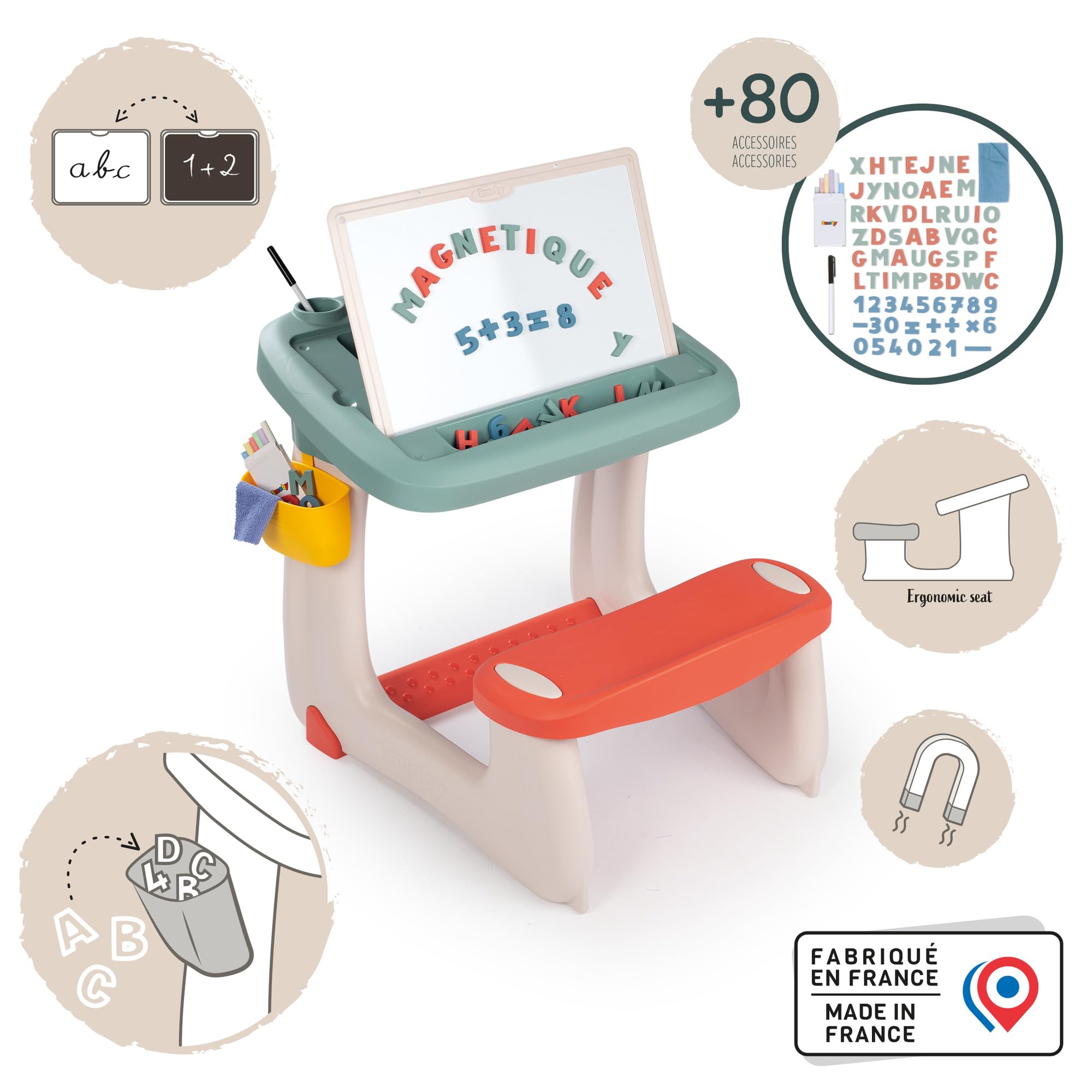 Smoby - Activity Super Banco scuola, 7600420107, +3 anni, lavagna bifacciale, vano portaoggetti, tanti accessori inclusi