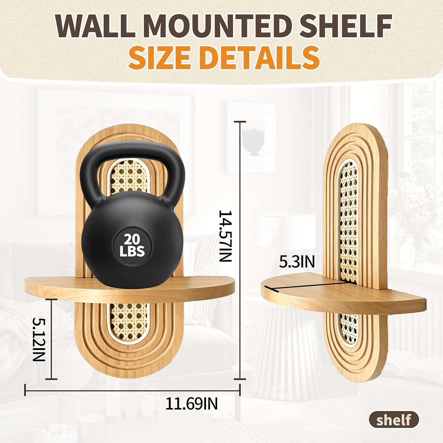 Boho Wall Shelf Set of 2, Rattan Arch Wall Shelf Floating Shelves for Wall Decor, Small Solid Wood Plant Shelf for Bedroom, Living Room, Office, Mid Century Modern Decorative Shelf(Natural)