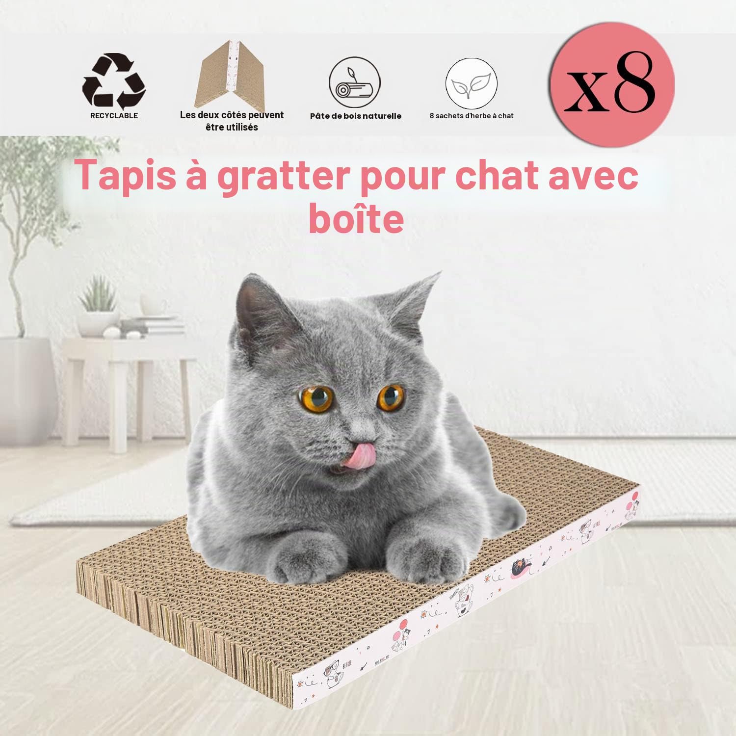 8 en 1 Grattoir pour Chat, Grattoir en Carton, Réversible, Carton Durable et Recyclable, Grattoir Premium, Adapté pour Que Les Chats se Repose, Affûtent Leurs Griffes et Jouent