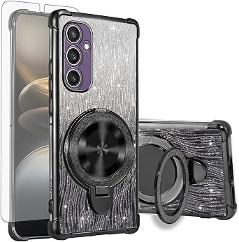 Asuwish Phone Case for Samsung Galaxy S24 5G Magnetic Cell Cover with Tempered Glass Screen Protector and Bling Glitter Shockproof Hybrid Ring Hard Holder Accessories S 24 24S G5 SM-S931U Women Black