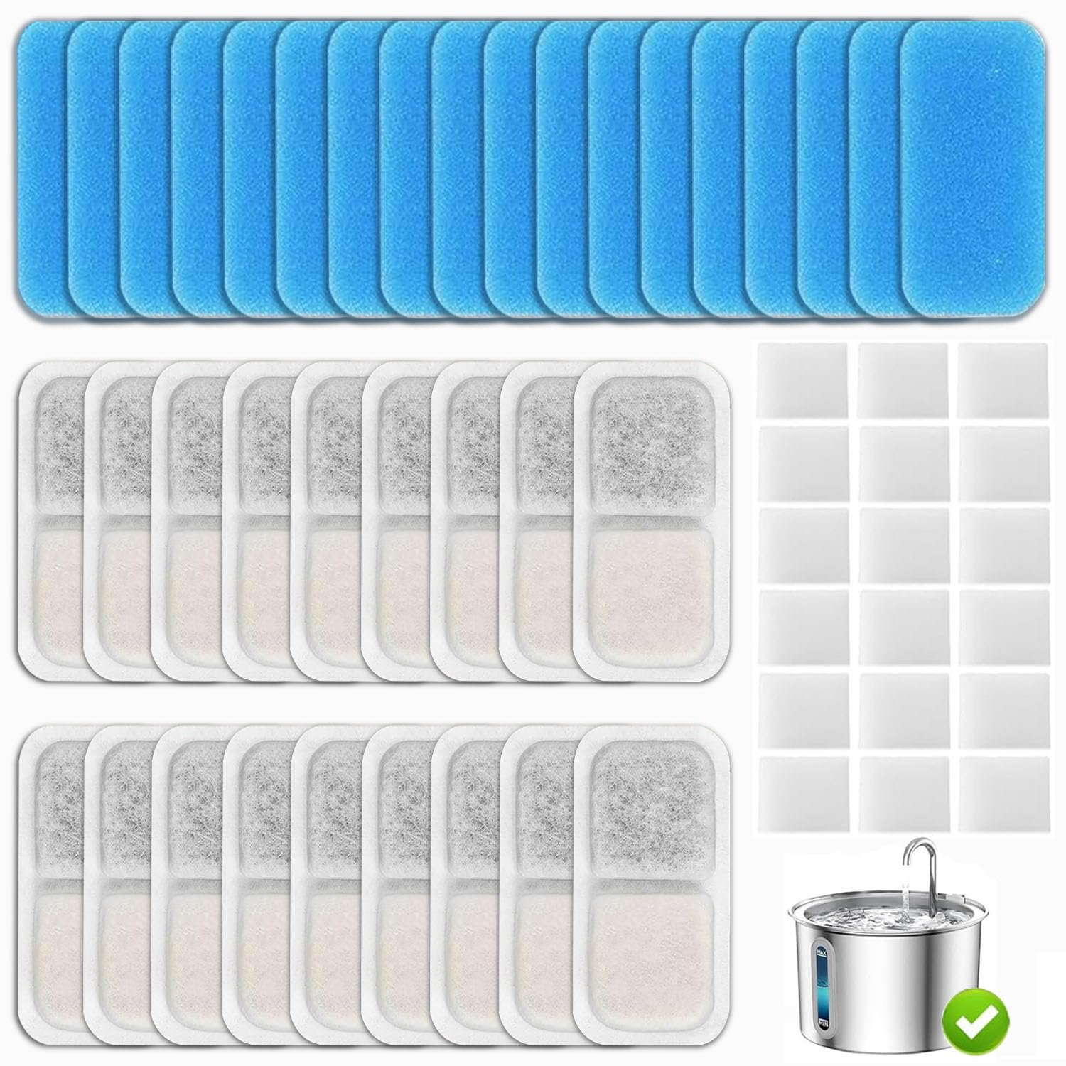 18 Set Cat Fountain Replacement Filters Compatible with oneisall PWF-001 2L/67oz Stainless Steel Pet Water Fountain Filters with Replacement Pre-Filter Pump Sponges