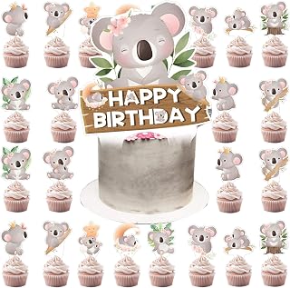 Koala Happy Birthday Cake Topper,koala Birthday Party Decorations, Wild Animal Cake Decoration for Zoo Junlge Animal Party Supplies