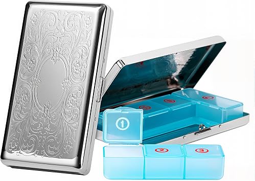 Pill Organizer with 3 Compartments 7 Day Metal Pill Box for Fish Oil/Food Supplements Travel Pill Box. Rectangle-Silver, Large Rectangle