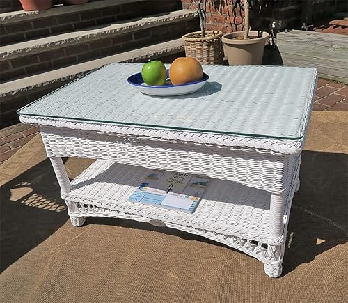 White Vineyard Wicker Cocktail Table with Glass Top