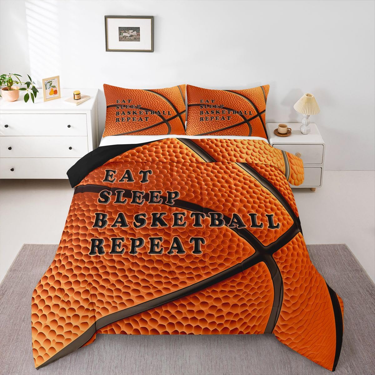 Feelyou Basketball Comforter Set Queen Size Ball Pattern Bedding Set for Kids Boys Girls Eat Sleep Sports Theme Duvet Quilt Bedroom Decor Microfiber 3 Pcs with 2 Pillow Cases