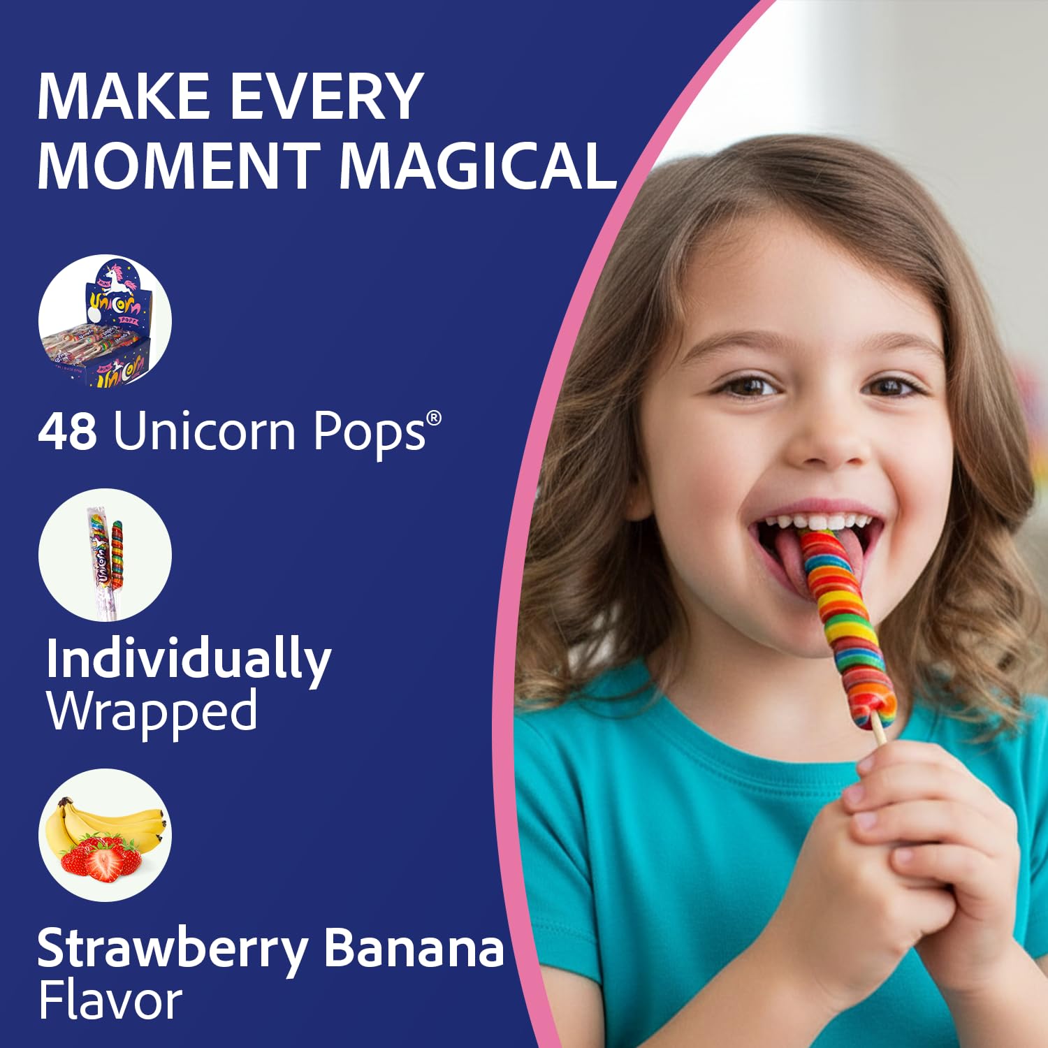 Adams & Brooks Strawberry Banana Mini Unicorn Pops, 1 lb 4 oz Box (48 ct.) - Twisty Unicorn Lollipops, Individually Wrapped Candy for Kids & Adults, Perfect for Birthday Party Favors, Goodie Bags & More