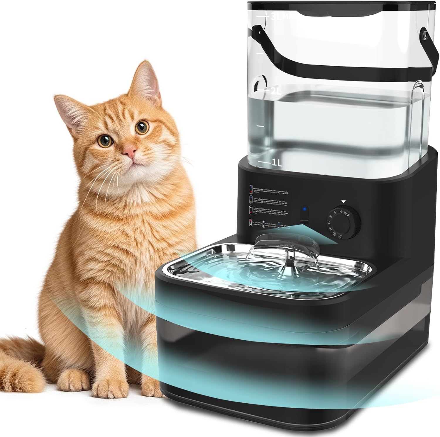 Filterless Cat Water Fountain 3L, Wireless Motion Sensor Cat Water Fountain with 4000mAh Battery, Stainless Steel Cat Bowls, Water Fountain Separate Tanks, Quiet – Black